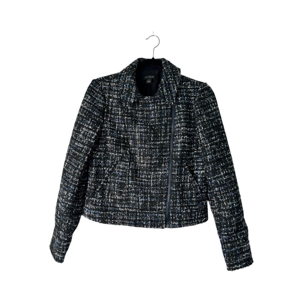 Ann Taylor Tweed‎ Moto Jacket Womens 4 Black Blue Asymmetrical Zippered Blazer